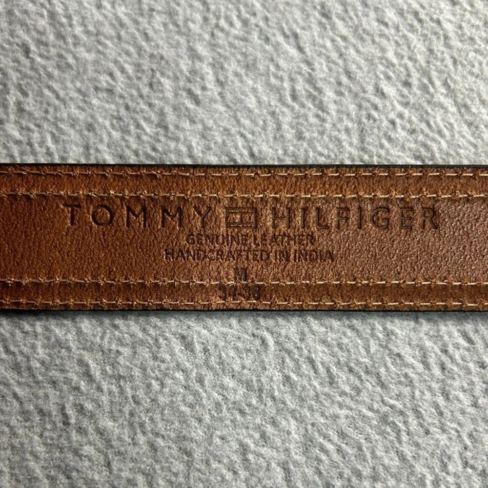 Tommy Hilfiger Mens M 34-36 Cognac Brown Genuine Leather Belt Silver Tone Buckle